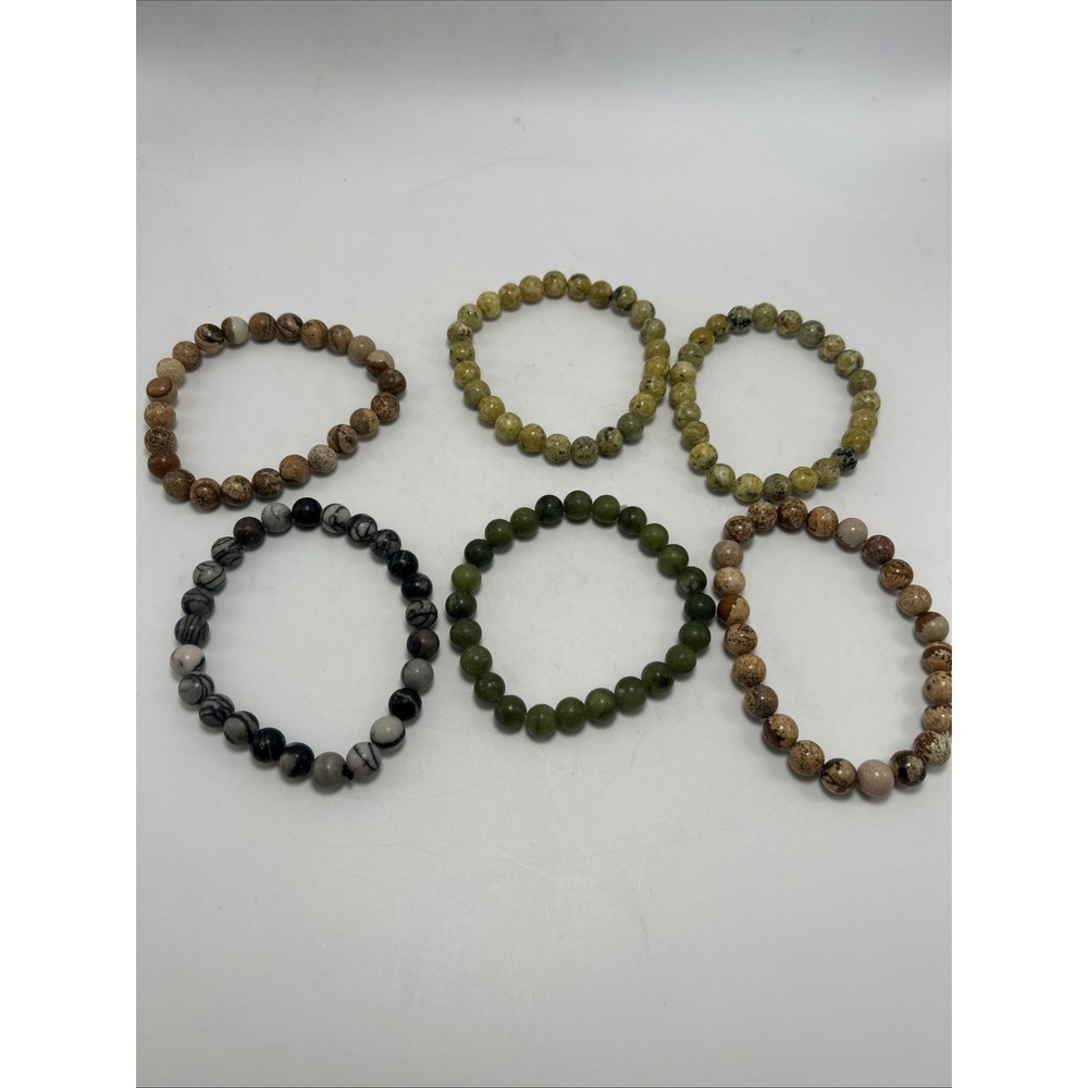 Vintage Lot Of 6 Bead Bracelets Polished Gemstone